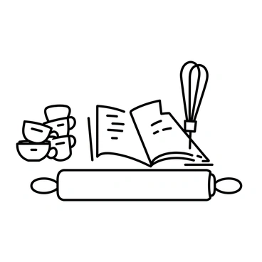 A collection of essential baking tools arranged neatly on a wooden countertop. In the foreground, there is a "rolling pin" positioned horizontally, showcasing its smooth, cylindrical shape. To the left, a set of "measuring cups" stacked together, each cup marked with its respective measurement. Next to them, a "whisk" with a long handle and wires fanned out is placed at a slight angle. The background features a partially opened cookbook lying flat, suggesting a baking theme.