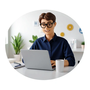 A business owner with short brown hair wearing glasses sits at a desk, focused on typing a response on their silver laptop. They are dressed in a navy blue button-up shirt and have a warm smile on their face, indicating a friendly demeanor. The background features a well-organized office space with a few plants and a coffee mug beside the laptop. A notepad with a pen is also on the desk, suggesting they are attentive to details. Decals or awards on the wall indicate achievements, creating an inviting atmosphere.