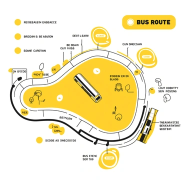 A diagram depicting a city bus route with a series of stops marked clearly in yellow. The bus route is illustrated as a winding line connecting the stops. Each stop features a distinct label inside a yellow circle. Landmarks along the route, such as a library, park, and school, are represented with simple black outlines. The diagram is organized with a legend explaining the stops and landmarks, using yellow highlights for clarity. The overall layout is structured to provide an easy-to-follow guide for passengers.