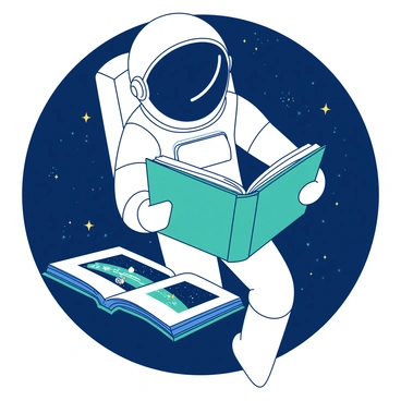An astronaut floating in space, reading tales of interstellar exploration from a floating book