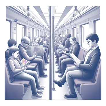 A crowded metro train filled with passengers of various ages. Some passengers are sitting while others are standing, grasping the overhead poles for balance. A young child is sitting in a corner, engrossed in a colorful book, while an elderly man, wearing glasses, reads a newspaper. A teenager is standing, with earbuds in, swaying slightly to the rhythm of music only they can hear. The atmosphere captures the diversity of the crowd, with people wearing different outfits, some carrying bags and others holding mobile devices. The interior of the train features metal poles and seat cushions, creating a functional yet busy environment.