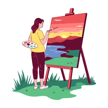 An individual stands on a grassy hill, holding a paintbrush in one hand and a palette in the other. In front of them, a large canvas depicts a landscape scene that includes rolling hills and a tranquil lake. The background captures a sunset with vibrant colors that transition from a rich red at the top to a soft yellow near the horizon. The individual is intently focused on blending the colors on the canvas to reflect the changing hues of the sky. A gentle breeze rustles the tall grass around them, adding to the dynamic atmosphere of the scene.
