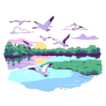 A group of birds with varying sizes and wing patterns are taking flight above a shimmering wetland in the Everglades. The wetland features patches of green grasses and subtle reflections of the sky on the water's surface. Some birds are soaring high, while others are flapping their wings vigorously, creating ripples in the air. In the background, a faint outline of lush mangroves adds depth to the scene. The sky is a mix of soft hues as the sun begins to set, casting gentle light over the entire landscape.