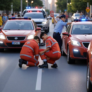 A group of emergency responders, including two paramedics in bright red uniforms and a police officer in a blue uniform, is gathered at the scene of a minor car accident. One paramedic is kneeling beside a person sitting on the ground, checking their vitals, while the other is preparing a first aid kit. The police officer is directing traffic around the scene, holding up a stop sign. In the background, there are two vehicles, one with a dented front bumper and the other with a shattered taillight. The setting is a busy urban street, with a few onlookers observing from a distance. Bright emergency lights are flashing on the responders' vehicles, creating a vivid contrast against the surrounding environment.