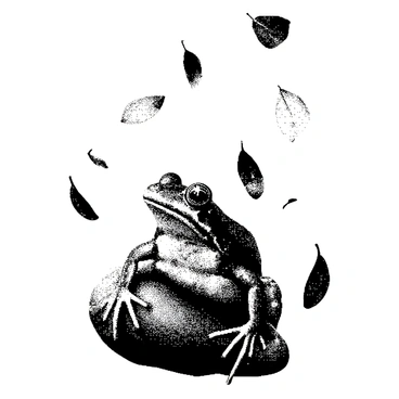 A frog is sitting on a smooth rock, with its body facing slightly upward. It has a shiny, wet skin with detailed textures. The frog's eyes are large and attentive, directed at a series of leaves falling from above. The leaves are various sizes, capturing the moment as they slowly descend around the frog. The background is minimal, focusing on the scene of the frog and the falling leaves.