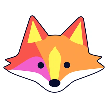 A fox head composed of various geometric shapes, including triangles and circles. The shapes are filled with bright colors such as orange, red, and yellow. The eyes are represented by two striking black circles, and the nose is a small black triangle at the center. The ears are pointed triangles, one on each side, filled with a lighter shade of orange. The overall composition is bold and emphasizes the unique features of a fox.