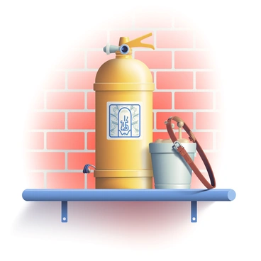 An old-fashioned fire extinguisher with a brass finish is prominently displayed on a wooden shelf. The extinguisher features a classic rounded body with a polished surface that reflects light, revealing intricate engravings and a vintage label. Beside it is a small, antique fire bucket made of metal with a worn leather handle. The background includes a faded red brick wall that enhances the nostalgic feel of the scene, while a soft light casts gentle shadows, highlighting the details of the extinguisher and the bucket.
