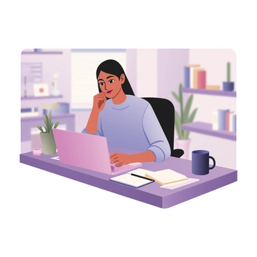 A digital flat illustration depicting a person sitting at a desk in a home office, participating in a Zoom meeting. The person has medium skin and shoulder-length black hair, wearing a light blue shirt. The desk is cluttered with a laptop, a coffee mug, and a few notebooks. The background is blurred, showcasing hints of a cozy living space with a bookshelf and a plant. The person is looking at the screen with an engaged expression, and there is a subtle glow from the laptop illuminating their face.