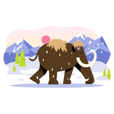 A woolly mammoth with long curved tusks and thick shaggy fur walks through a snowy prehistoric landscape. The mammoth has a large, rounded body covered in dark brown and tan fur, blending into the snowy ground beneath. Snowflakes gently fall around the mammoth, creating a soft white blanket over the landscape. In the background, there are rugged mountains capped with snow and sparse patches of evergreen trees scattered throughout the scene. The sky above is a pale blue with hints of pink from the setting sun, casting a warm glow on the snowy terrain.