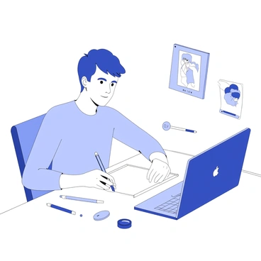 A student is sitting at a wooden desk, focusing intently on a blank sheet of paper in front of them. They hold a pencil in one hand, poised above the paper, with a look of determination on their face. The student's workspace is cluttered with art supplies, including colored pencils, erasers, and reference images pinned to the wall nearby. A laptop is open next to them, displaying the online course module with a progress bar indicating the drawing challenge. The lighting in the room highlights the student's enthusiasm and concentration as they engage in the challenge.