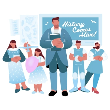 A teacher wearing a tailored historical outfit stands at the front, holding a large book. Surrounding the teacher, several students are dressed in various historical costumes, each representing different eras. One student wears a colonial dress with intricate patterns, while another is in a knight's armor, complete with a shield. A third student is dressed as a Victorian child, complete with a bonnet. The classroom setting is decorated with maps and historical artifacts, adding context to the reenactment. In the background, there is a chalkboard with the phrase "History Comes Alive!" written in bold letters.