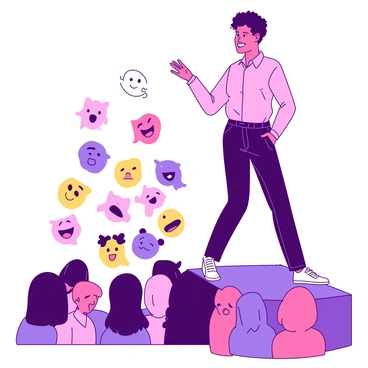 A person stands confidently on a stage, gesturing with their right hand while speaking. The individual is dressed in a smart casual outfit, with a bright smile and an open posture. In front of them, an array of friendly cartoon faces are floating in the air, each displaying a different expression of joy and enthusiasm. The cartoon faces come in various colors, adding a lively feel to the scene. The background is simple to keep the focus on the person and the animated audience, who appear to be engaged and supportive.