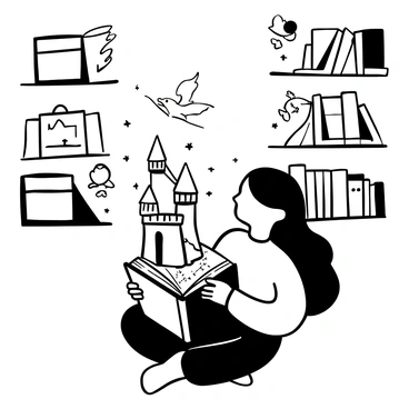 A girl with long, flowing hair is sitting cross-legged on the floor, holding an open book in her lap. From the pages of the book, various magical scenes are emerging. One scene depicts a castle with tall towers and banners waving in the air. Another scene shows a dragon soaring above a forest filled with trees. Floating sparkles and wisps of light surround the illustrations as they come to life. The girl's expression is one of wonder and amazement as she gazes at the enchanting imagery. The setting is cozy, with bookshelves filled with more books in the background.