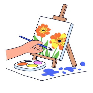 A canvas is placed on an easel, showcasing a vibrant scene of marigold flowers. The flowers are painted in rich shades of orange and yellow, with delicate petals that radiate outward. In the foreground, there is a hand holding a watercolor brush, gently applying strokes to the canvas. The paint palette nearby contains an array of colors, and there are splatters of watercolor on the surface of the easel. The hand is positioned gracefully, capturing the act of creating art.