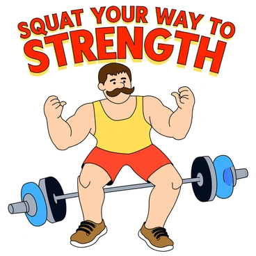 A vintage-style poster featuring an old-fashioned fitness trainer demonstrating squat exercises. The trainer is a muscular man with a thick mustache, wearing a classic tank top and short shorts. He stands in a confident pose, one leg bent in a squat and the other extended, showcasing his strength. The background includes stylized weights, and "SQUAT YOUR WAY TO STRENGTH!" is boldly written at the top in a retro font. The color scheme is bright and cheerful with reds, yellows, and blues, enhancing the playful theme of the poster.
