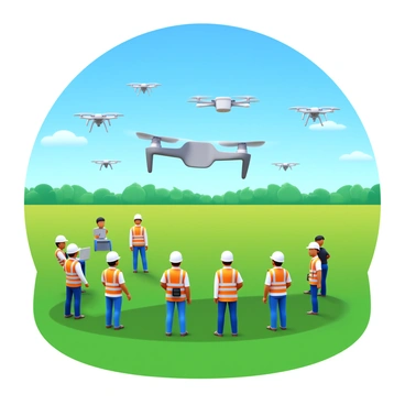 A group of engineers wearing safety vests and helmets is conducting field tests on multiple drones in an open field. The engineers are gathered around a large drone that is taking off, while others are observing data on laptops. The scene includes green grass under bright sunlight, and a clear blue sky above. In the background, there are distant trees and a few clouds. The drones vary in size and design, with some hovering and others preparing for landing.