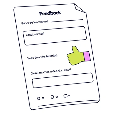 A feedback form that features a clean layout with a white background. The top of the form displays a large "Feedback" title in bold letters. Below the title, there are several sections with neat boxes for entering comments. The comments section contains positive phrases such as "Great service!" and "Loved the experience!" Each positive comment is written in clear, black font. To the right of the comments, there is a prominent thumbs-up icon in bright green, symbolizing approval. The form has a simple border, enhancing its neat appearance.
