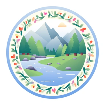 A mandala design features intricate patterns that incorporate elements of nature. At the center, there are detailed illustrations of majestic mountains with sharp peaks and valleys. Surrounding the mountains are lush, green trees with textured leaves, creating a vibrant forest ambiance. Flowing from the base of the mountains, a serene river winds through the mandala, its surface reflecting the surrounding elements. The river is embellished with small rocks and gentle ripples that enhance its realism. Delicate motifs of flowers and clouds frame the mandala, providing a harmonious balance to the natural scene. Each element is carefully arranged to create a unified and visually engaging composition.