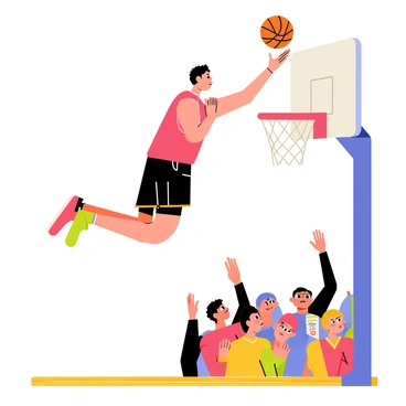 A basketball player wearing a red jersey and black shorts is soaring through the air, his legs bent and arms outstretched towards a basketball hoop. The player has a determined expression on his face, showcasing his focus. Below him, a crowd of animated fans with colorful clothing is cheering enthusiastically, with some waving foam fingers and holding banners. The basketball hoop is positioned at the end of a wooden court, and a bright spotlight illuminates the player, emphasizing his impressive leap for the slam dunk.