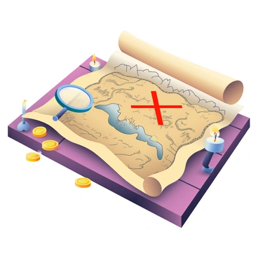 An ancient scroll is partially unrolled on a wooden table, revealing a detailed treasure map. The map has brown parchment tones with intricate black ink illustrations, depicting mountains, rivers, and various landmarks. There is a large red "X" marking the location of the hidden treasure. Surrounding the scroll are scattered gold coins and a magnifying glass resting nearby, reflecting light. A soft glow emanates from a nearby candle, casting shadows on the surface of the table.
