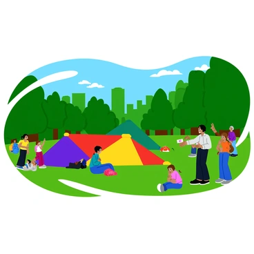 A temporary art installation in Central Park consisting of large, colorful geometric shapes made of metal and fabric. The installation is sprawled across a grassy area, with vibrant hues of red, blue, yellow, and green. Curious onlookers of various ages, including children and adults, are gathered around, pointing and discussing the artwork. Some people are sitting on the grass, while others are taking photos. In the background, the tall trees of Central Park provide a lush, green contrast to the bright colors of the installation. The sky is clear with a few fluffy clouds, adding to the lively atmosphere.