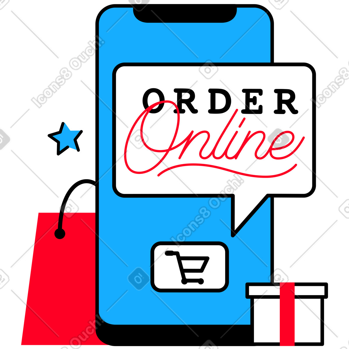 Lettering order online con testo sulla borsa e confezione regalo illustrazione in stile Transistor scarica in PNG, SVG