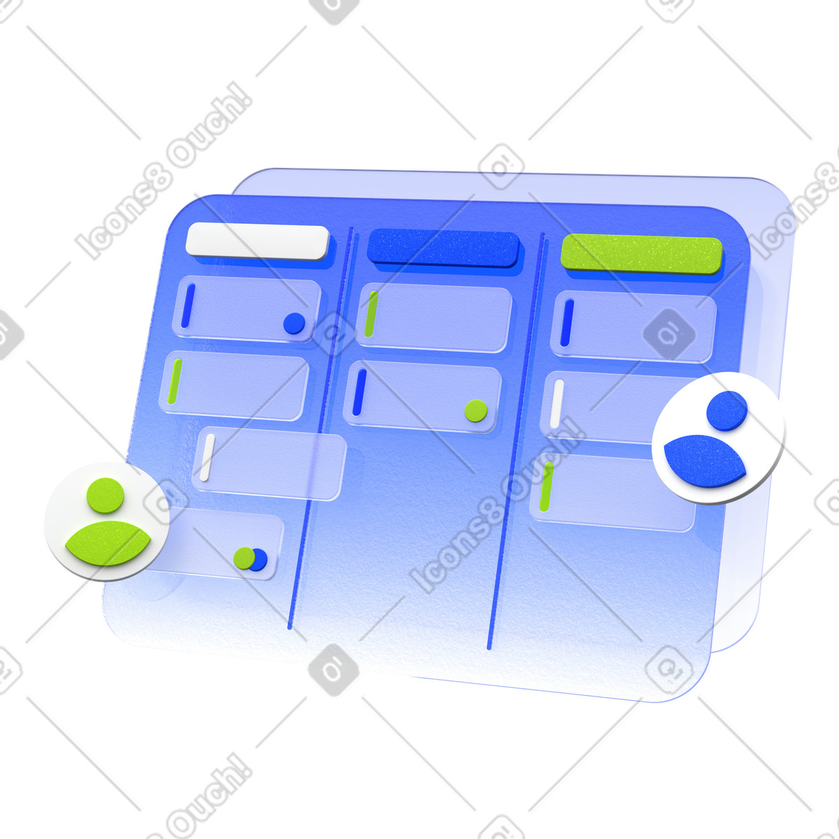 Illustration Collaboration d'équipe, espace de travail kanban partagé, flux tâches basé sur l'utilisateur dans le style 3D Enterprise à télécharger aux formats PNG, SVG