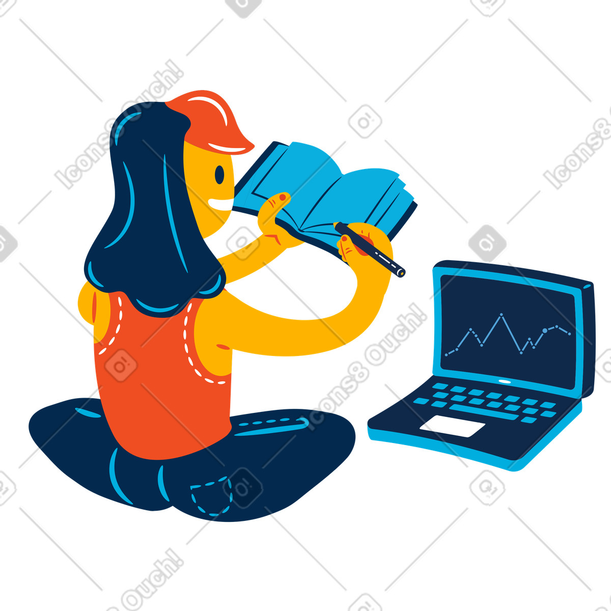 Woman with notebook and laptop learning at home illustration in Flame style download in PNG, SVG