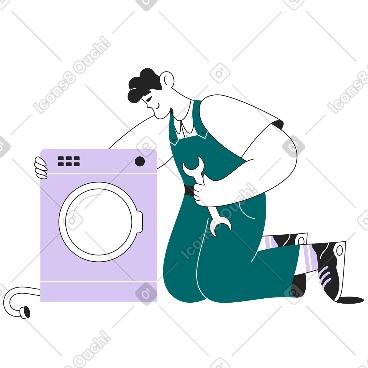 Professional fixing laundry machine, appliance repair service illustration in PNG, SVG