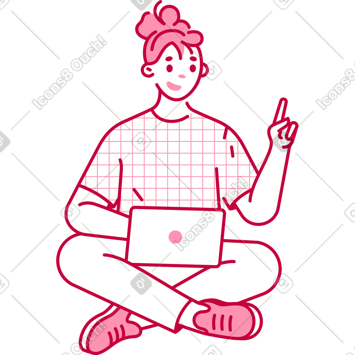 Illustration Femme avec un ordinateur portable en position du lotus le doigt levé dans style Natty à télécharger aux formats PNG, SVG
