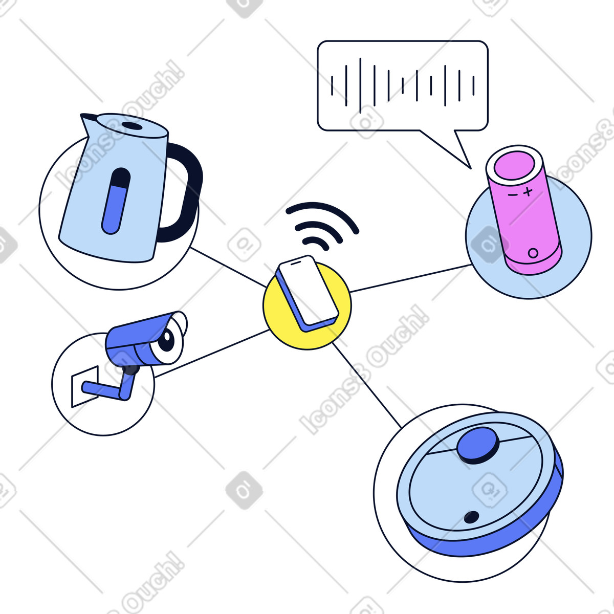 Smartphone connecting to household electronics, Home automation and IoT device management illustration in PNG, SVG