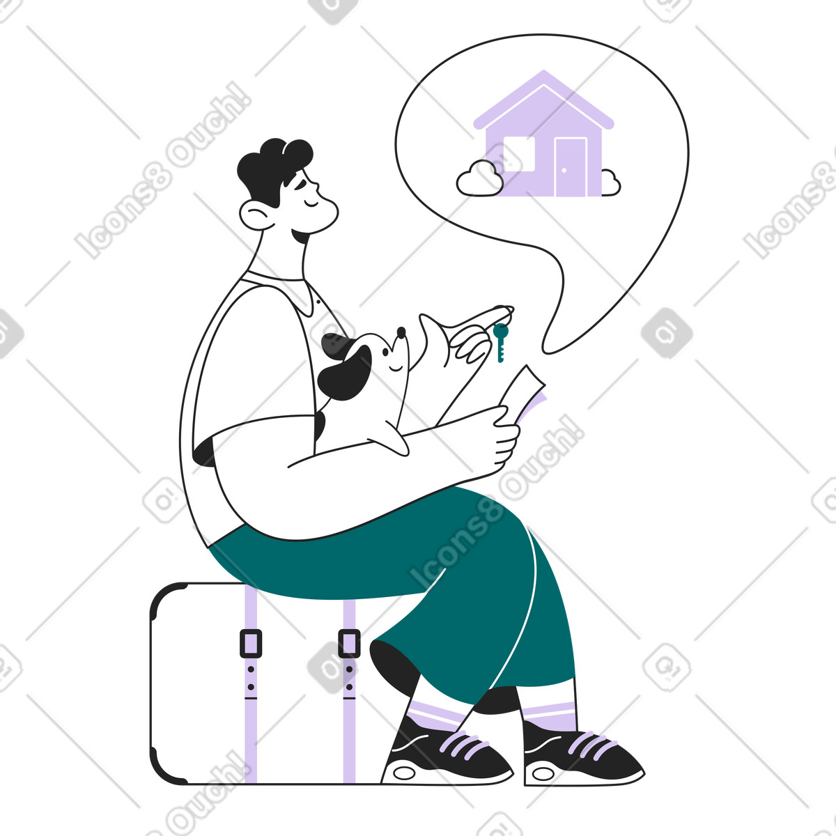 Sammy Line スタイルの 鍵と犬を手に持った男性が新しい家をプレゼント のイラストをPNG、SVG形式でダウンロード