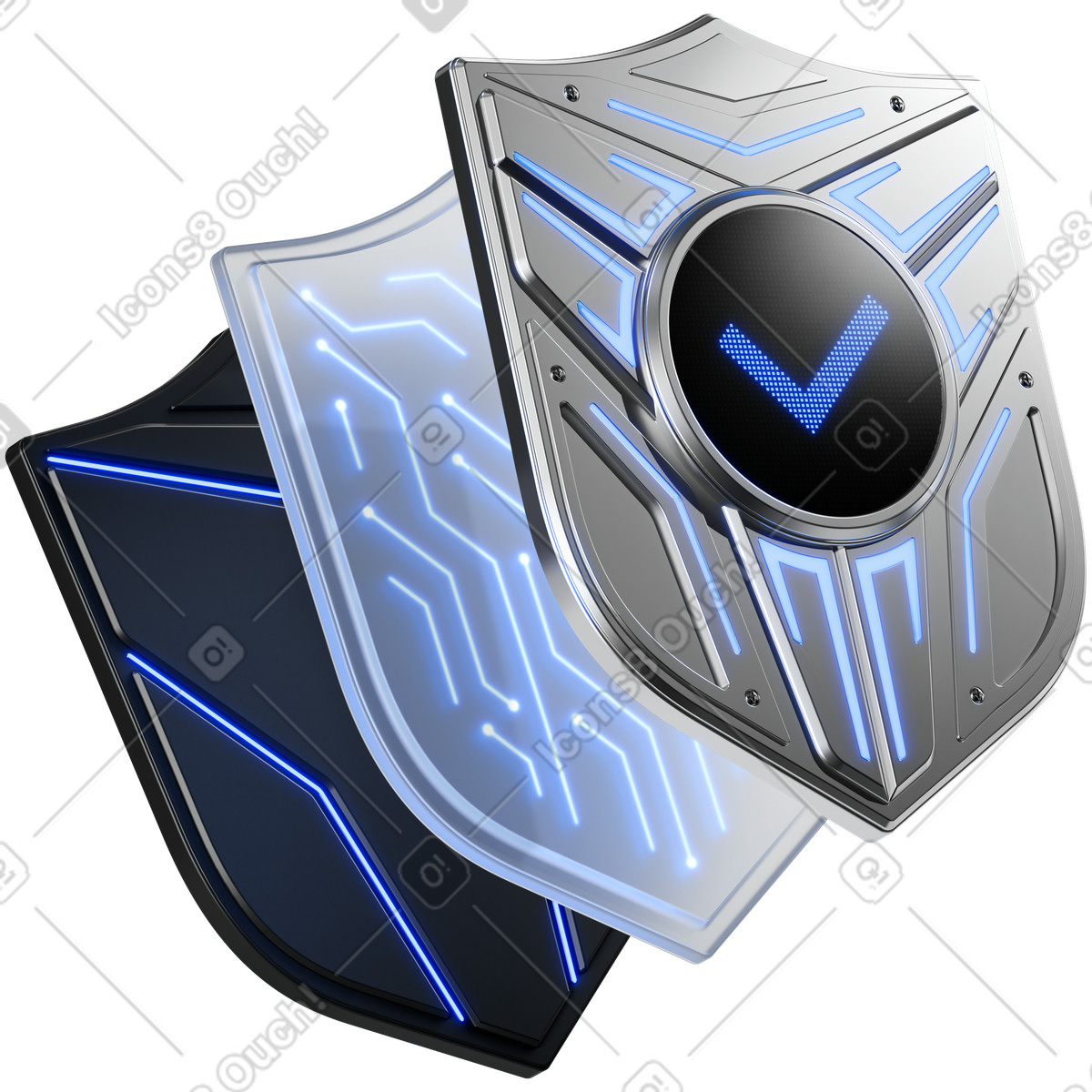 3D Pro 스타일의 Shield stack cyber protection layers with blue neon circuit patterns 일러스트레이션 PNG, SVG 다운로드