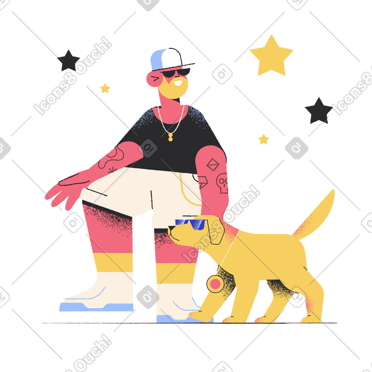 Ilustración Hombre tatuado y perro con gafas de sol en estilo Pablo a descargar en PNG SVG