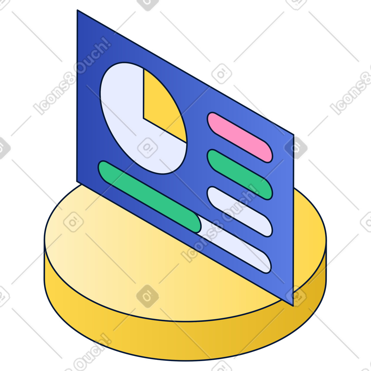 Pie chart and metrics on dashboard, project performance tracking data reporting illustration in Neat style download in PNG, SVG