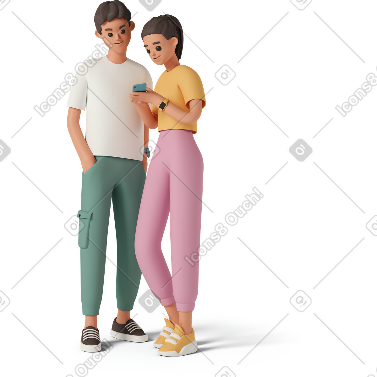 3D Casual life 스타일의 Young woman showing phone screen to man 일러스트레이션 PNG, SVG 다운로드
