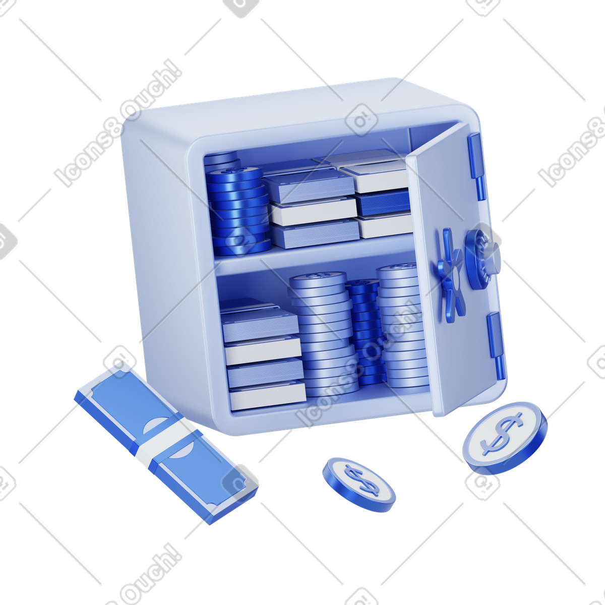 Metal safe and money around animated illustration in GIF, Lottie (JSON), AE