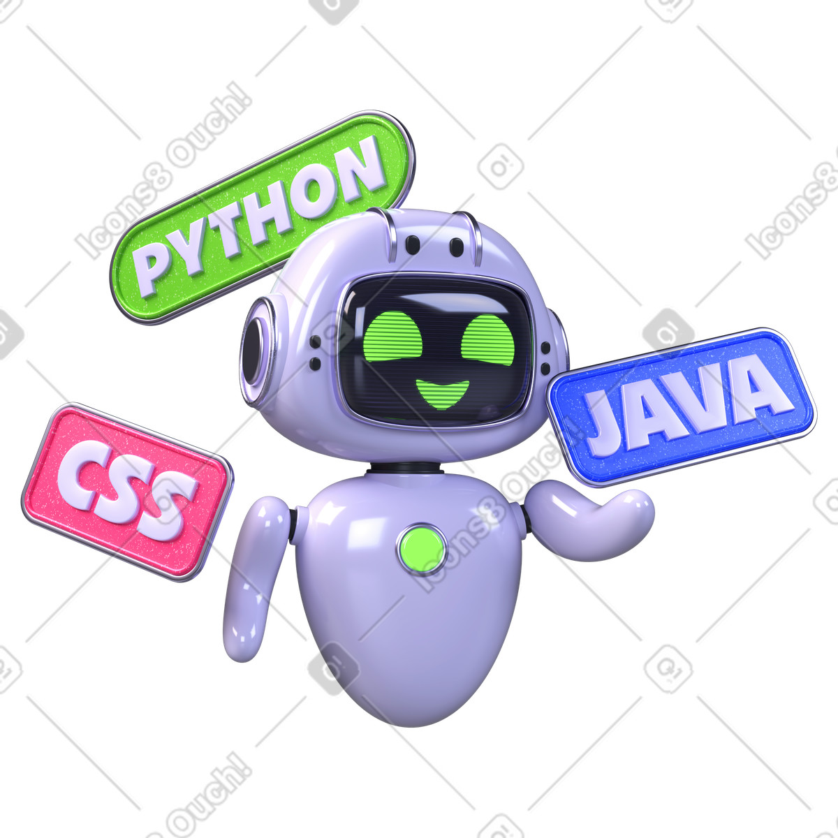 Smiling AI robot with programming language signs, Software development automation illustration in PNG, SVG