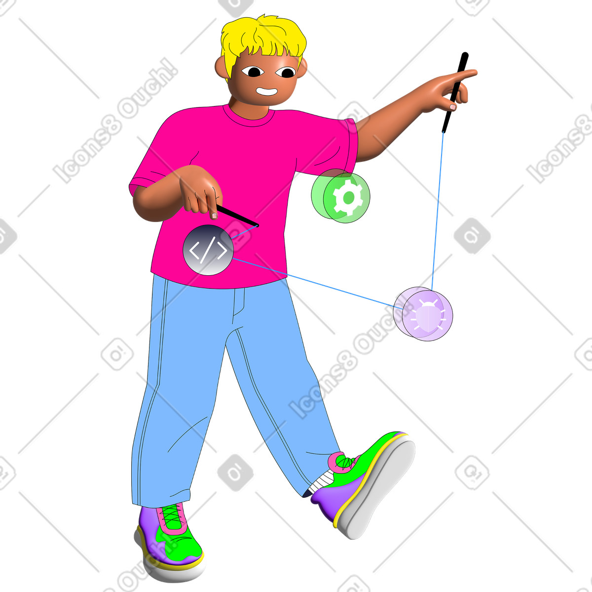 Illustration Débogage : un ingénieur qa joue avec yoyo à cordes décalées 4a dans le style Pop télécharger aux formats PNG, SVG