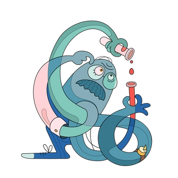 A creature mixing colorful liquids in test tubes - Surr style illustration