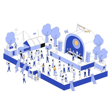 A music festival is taking place in a park. The scene depicts a large crowd enjoying a live performance on a stage. People are gathered, dancing and clapping to the music, with some holding drinks and others raising their hands in excitement. Various tents and food stalls line the edges of the festival area. Colorful banners and decorations can be seen around the stage, contributing to the festive atmosphere. In the background, trees provide shade, and the sky is visible above the crowd.