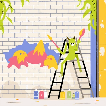 A gremlin painting a colorful mural on a brick wall in an urban alley.