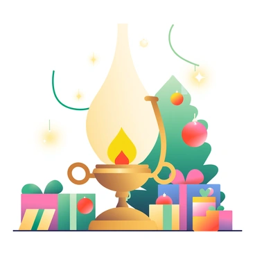 An antique brass oil lamp is positioned at the center of the image, casting a warm glow. Surrounding the lamp are various holiday decorations, including shiny red and green ornaments hanging from a nearby evergreen branch. A gold ribbon is wrapped around the lamp's base, blending in with the festive theme. Several colorful gift boxes, wrapped in bright paper with large bows, are arranged neatly around the lamp. The background features a soft-focus of twinkling fairy lights, enhancing the cheerful atmosphere of the scene.