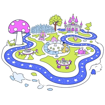 A detailed map of "Wonderland" featuring whimsical landmarks. The map includes a large, twisting river that sparkles with shades of blue and green. There is a giant mushroom with a vibrant red cap and white spots, standing prominently on the left side of the map. A winding path leads to a whimsical tea party area, complete with an oversized table and mismatched chairs. On the right, a forest filled with peculiar trees that have colorful leaves shapes the landscape. In the center, there is a playing card castle with intricate designs and bright colors. Small illustrations of various fantastical creatures, like a Cheshire cat and a whimsical rabbit, are scattered throughout the map, adding to the enchanting atmosphere. The edges of the map are decorated with playful doodles and whimsical patterns.