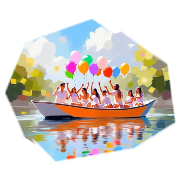 A festive celebration taking place on a brightly colored barge gliding smoothly down a river. The barge is adorned with an array of colorful balloons in various shapes and sizes, creating a vibrant atmosphere. People of all ages are gathered on the barge, dancing and smiling, while a small group plays lively music from instruments. The river reflects the sunshine, and lush greenery lines the banks, providing a picturesque background to the joyful scene. The sky is clear with a few fluffy clouds, adding to the cheerful ambiance of the celebration.