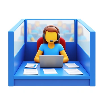 An office worker sitting at a desk in a cubicle. The worker is wearing a pair of headphones and has a focused expression on their face. Papers and a laptop are spread out on the desk, indicating a busy work environment. The cubicle is surrounded by other cubicles, with blurred figures of colleagues in motion, contributing to a bustling workplace atmosphere. The lighting is bright, reflecting the typical office setting.