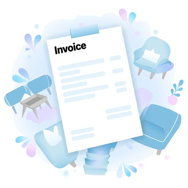 An invoice is placed on a textured surface, showcasing detailed hand-drawn illustrations of various stylish furniture pieces. The furniture includes a sleek modern chair with elegant lines, a minimalist wooden table with a smooth finish, and a cozy armchair with inviting cushions. Surrounding the invoice are delicate decorative elements, such as potted plants and soft textiles. The overall composition features a harmonious arrangement of the furniture illustrations, enhancing the visual appeal of the invoice.