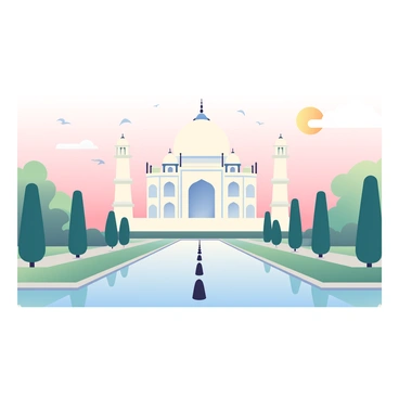 The Taj Mahal is depicted in the early morning light, showcasing its iconic white marble domes and minarets. The sky is painted in shades of soft pink and orange as the dawn breaks, casting a gentle glow on the structure. Below, the clear water of the reflecting pool mirrors the silhouette of the Taj Mahal, creating a perfect symmetry. The surrounding gardens are lush and green, with neatly trimmed hedges adding to the serene ambiance. A few early morning birds can be seen flying in the distance, completing the tranquil scene.