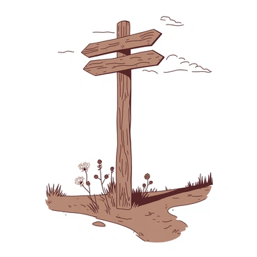 A brown wooden signpost stands at a crossroads, its structure slightly weathered with missing planks. The signpost has faded writing on its remaining signs, barely legible, indicating different directions. Surrounding the signpost, there are patches of grass and small wildflowers growing amidst the dirt path. The scene captures a sense of abandonment, with the signpost leaning slightly to one side, as if struggling to remain upright. The sky above is overcast, adding to the somber atmosphere of the crossroads.