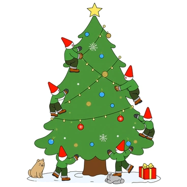 A group of small nisse, each wearing traditional red hats and green tunics, are busy decorating a giant Christmas tree. The tree is lush and full, reaching high into the sky. The nisse are climbing on each other's shoulders to reach the higher branches. They are hanging colorful ornaments, including shiny red balls, glittery gold stars, and blue snowflakes. Some nisse are holding strings of twinkling lights, while others are placing a bright yellow star on the very top of the tree. The ground is covered in soft, white snow, and a few small presents are scattered around the base of the tree. There are also some forest animals curiously watching the nisse from a distance.